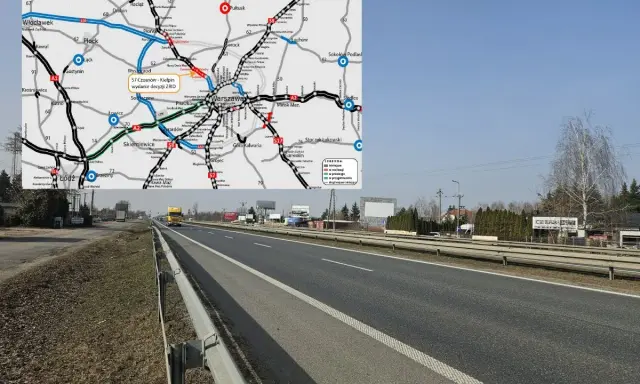 Mapa przedstawia przebieg trasy S7 od Czosnowa do Kielpina, z zaznaczonymi miastami i drogami. Widok z drogi szybkiego ruchu.