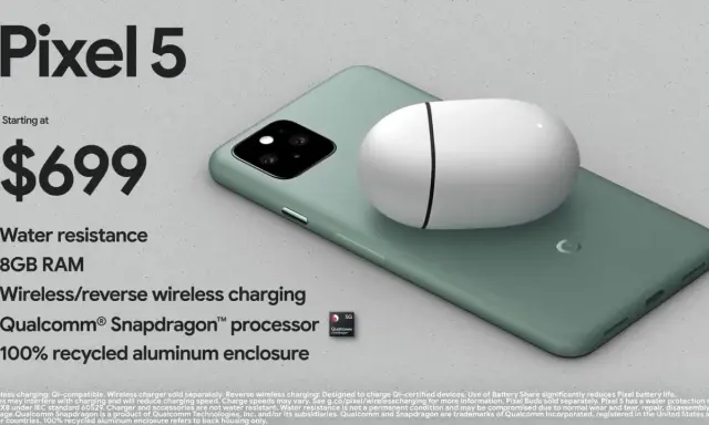 Google Pixel 5 w kolorze zielonym, z białymi słuchawkami na obudowie. Cena $699, wodoodporność, 8GB RAM.
