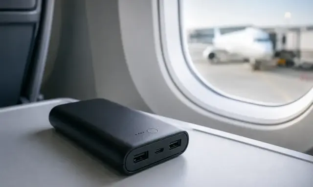 Czarny powerbank na stoliku w samolocie, z widokiem na samolot przez okno.