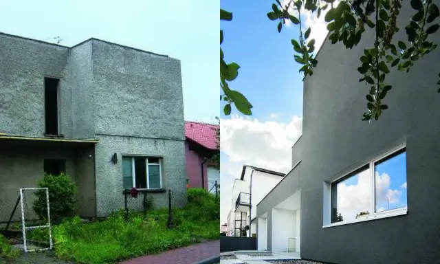 Spektakularna metamorfoza starego domu: od szarej, zaniedbanej bryły do nowoczesnej, eleganckiej przestrzeni.