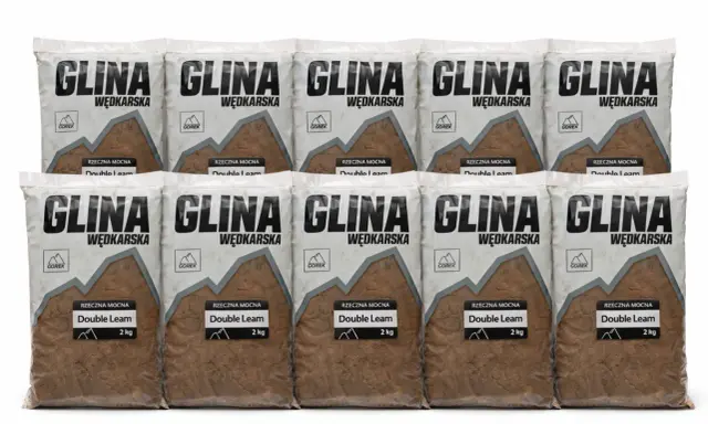 Dziesięć worków gliny wędkarskiej, każda po 2 kg. Idealna glina do zanęty, gotowa do użycia.