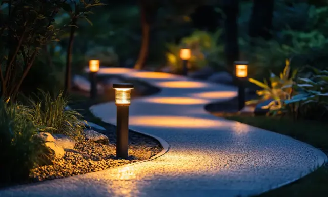 Oświetlenie ogrodu inspiracje: ścieżka w ciemności rozświetlona przez nowoczesne lampy, tworzące magiczną atmosferę.