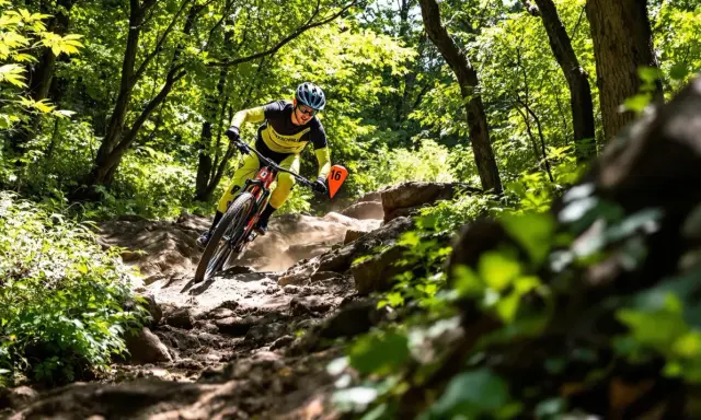 Kolarz MTB w żółtym stroju zjeżdża po kamienistym szlaku. Zastanawiasz się, jaka średnia prędkość na rowerze MTB na takim terenie?