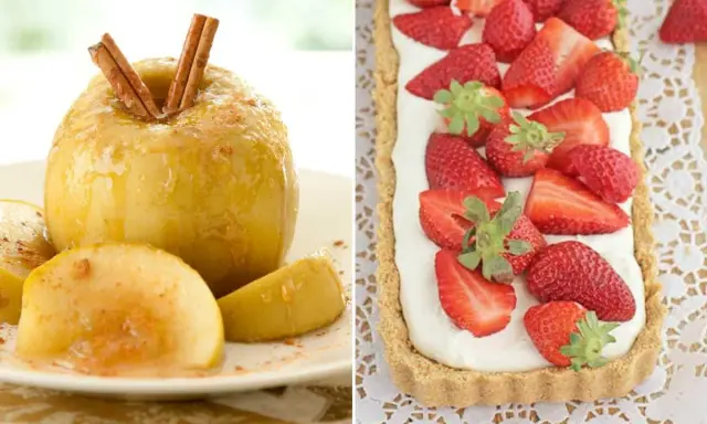 Manzana asada con canela y tarta de fresas, dos postres fáciles y deliciosos.