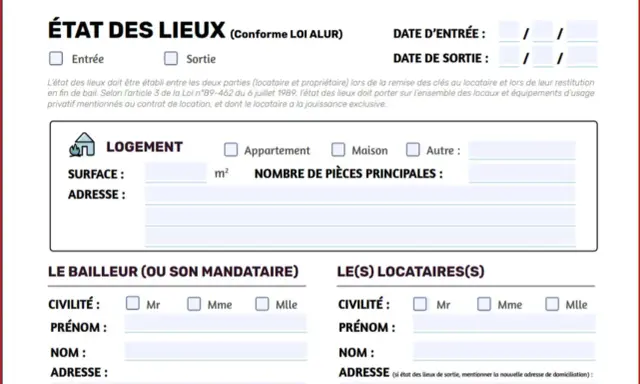 Formulaire d'état des lieux de sortie pour un logement, incluant les détails du locataire et du propriétaire.