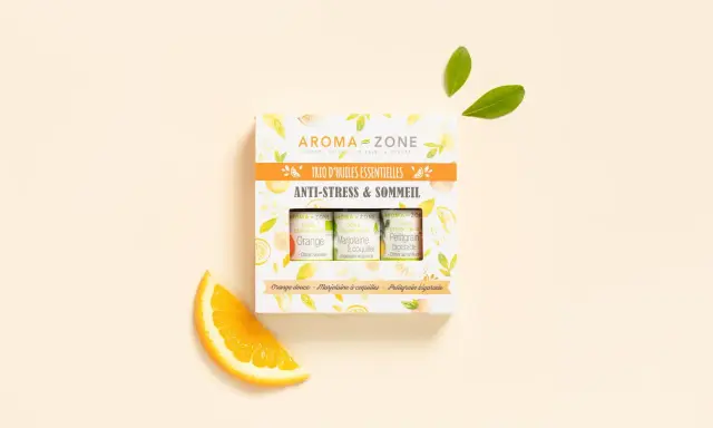 Trio d'huiles essentielles Aroma-Zone : Orange, Marjolaine à coquilles et Petitgrain bigarade pour un moment anti-stress.