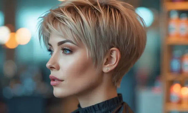 Kobieta z blond, krotkimi wlosami i delikatnym makijażem patrzy w bok.
