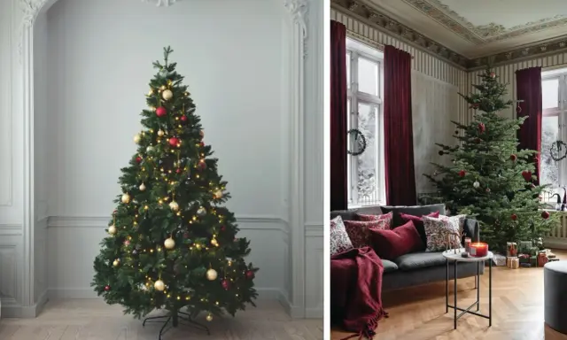 Två julgranar, en i ett modernt rum och en i ett klassiskt vardagsrum, redo att dekorera julgran.
