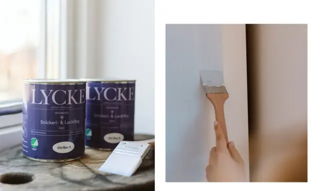 Måla gammalt skåp med ljusblå snickeri- och lackfärg från Lycke. En pensel drar ett jämnt lager färg.