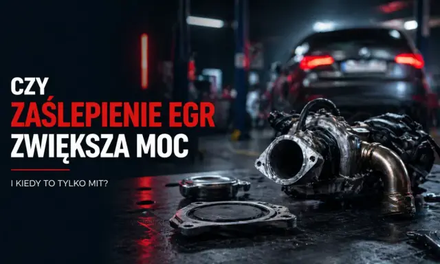 Czy zaślepienie EGR zwiększa moc? Na stole leży turbosprężarka i elementy do jej montażu, w tle warsztat samochodowy.