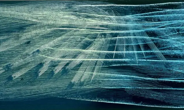 Abstract painting with sweeping white and blue lines on a dark background.