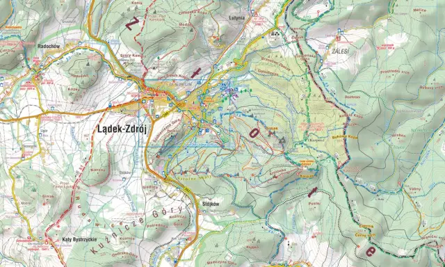 Mapy Gór Złotych ukazują malownicze szlaki turystyczne i urokliwe miejscowości, takie jak Lądek-Zdrój.