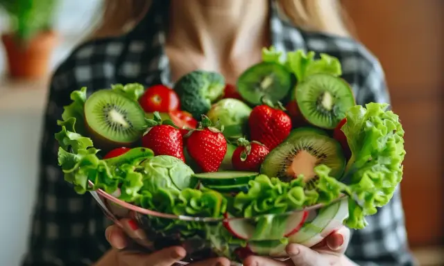 Miseczka pełna świeżych owoców i warzyw, jak kiwi, truskawki, pomidorki, sałata. Czy to zdrowa dieta, czy już ortoreksja?