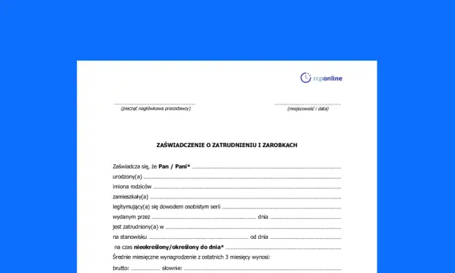Wzór zaświadczenia o zatrudnieniu i zarobkach, zawierający dane pracownika, okres zatrudnienia i wynagrodzenie.