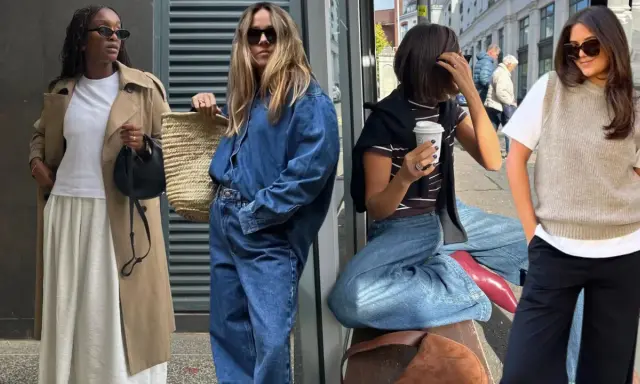 Four women showcase stylish semi-casual attire: trench coat with skirt, denim jumpsuit, striped top with wide-leg jeans, and a vest over a t-shirt with black pants.