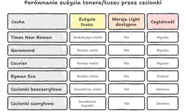 Porównanie zużycia tuszu przez popularne czcionki: Times New Roman, Garamond, Courier, Ryman Eco, bezszeryfowe i szeryfowe.
