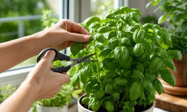 Coup de ciseaux pour récolter des feuilles fraîches d'un basilic en pot luxuriant, prêt à parfumer vos plats.