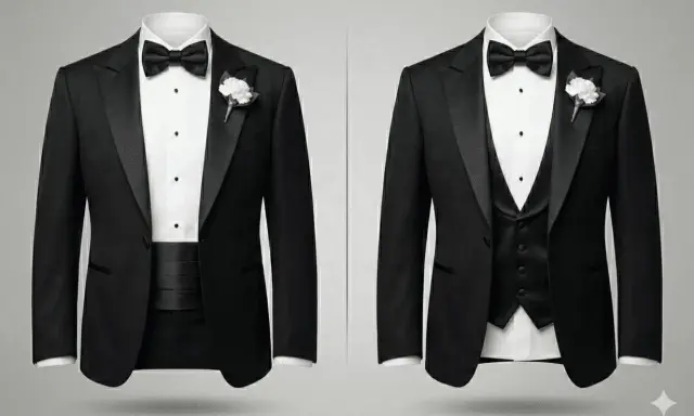 Two tuxedos shown. Left: tuxedo with cummerbund. Right: tuxedo with vest, demonstrating how to wear a tuxedo vest.