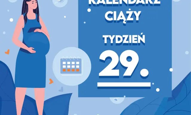 Kobieta w niebieskiej sukience, w 29 tygodniu ciąży, trzyma dłoń na brzuchu. Obok kalendarz i tekst "Kaledarz ciąży tydzień 29".