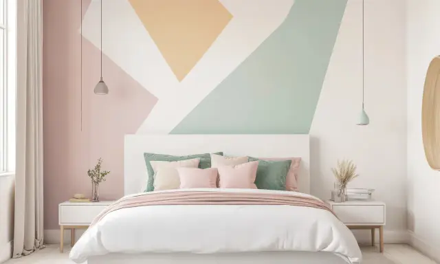 Camera da letto con letto bianco, cuscini rosa e verdi, e un'audace decorazione geometrica color block pareti con sfumature pastello.