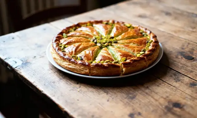 Une galette des rois à la pistache, dorée et appétissante, garnie de pistaches concassées, sur une table en bois rustique.