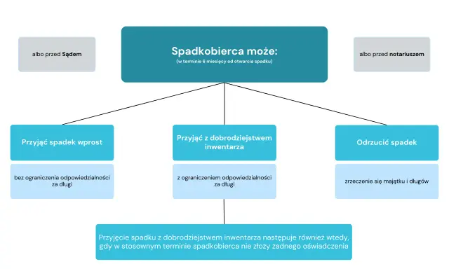 Spadkobierca może przyjąć spadek wprost, z dobrodziejstwem inwentarza lub odrzucić spadek, co oznacza zrzekanie się długów.