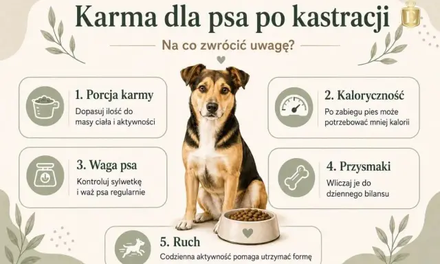 Uroczy piesek przy misce z karmą. Porady dotyczące żywienia psa po kastracji: porcja, kaloryczność, waga, przysmaki i ruch.