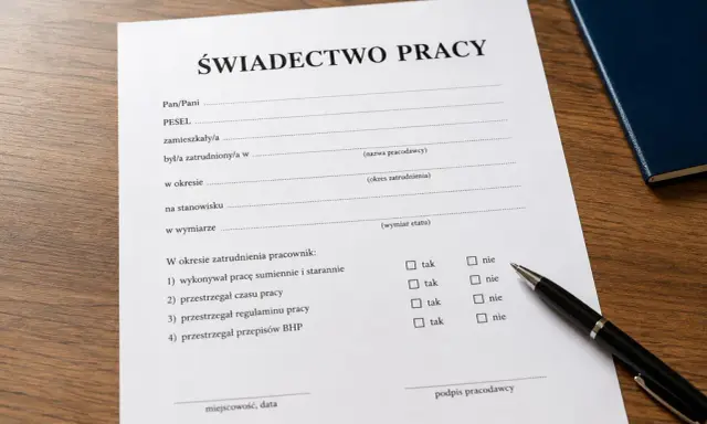 Świadectwo pracy z polami do wypełnienia, w tym okresy zatrudnienia. Długopis i notatnik sugerują formalne sprawy.
