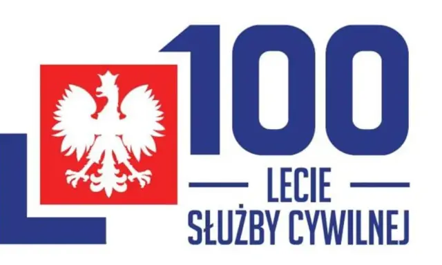 Logo z białym orłem na czerwonym tle, cyfrą 100 i napisem "LECIE SŁUŻBY CYWILNEJ".