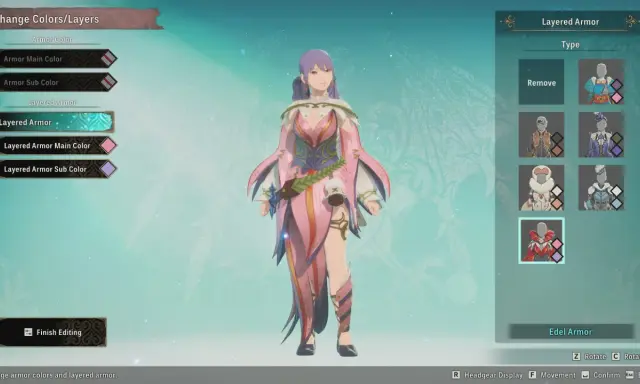 Personnage féminin avec une tenue rose et blanche, personnalisation de l'armure Edel.