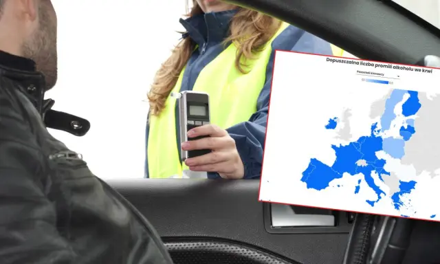Policjantka bada kierowcę alkomatem. Obok mapa Europy z dopuszczalną normą alkoholu we krwi.