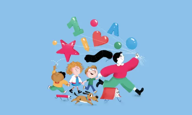 Bambini e un adulto corrono felici con palloncini e simboli di apprendimento, un'allegra rappresentazione di metodologie didattiche inclusive.