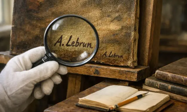 Examining a painting's signature with a magnifying glass is key to how to date a painting. The cracked texture and aged look suggest a historical piece.