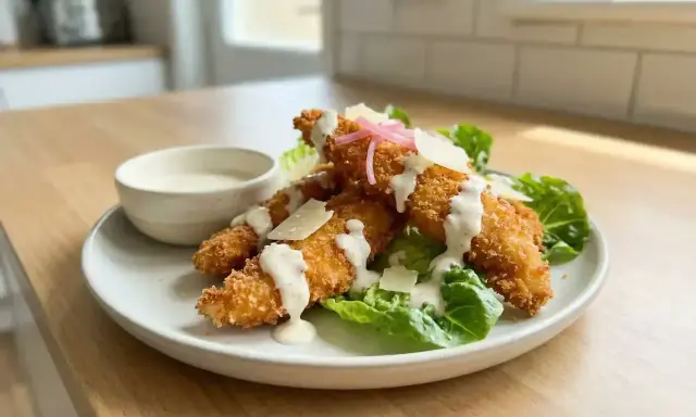 Krispiga bitar av panerad kyckling serveras på en bädd av sallad med krämig dressing och parmesan. En perfekt lunch eller middag.
