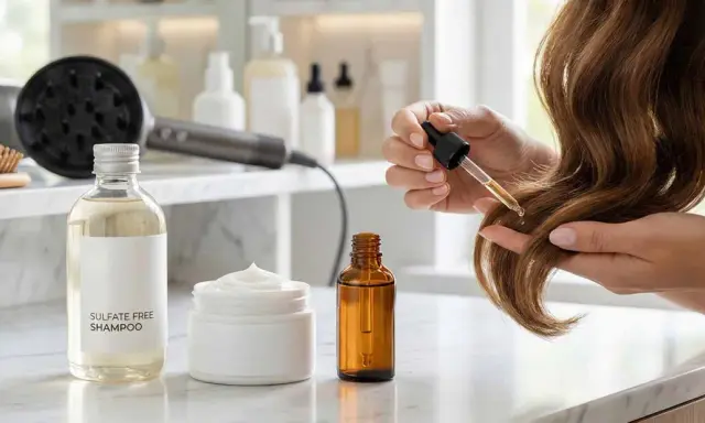 Rutina para saber como hidratar el pelo: champú sin sulfatos, crema y aceite capilar.