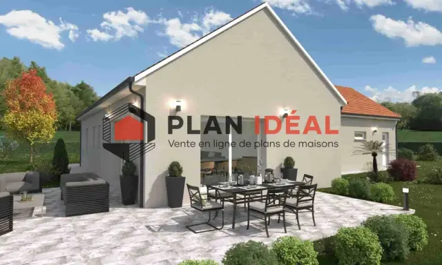 Plan maison plain-pied senior : une villa moderne avec terrasse aménagée, idéale pour profiter de l'extérieur en toute sérénité.