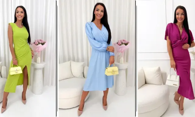 Elegancka stylizacja na Wielkanoc: trzy kobiety w sukienkach w kolorach: limonkowym, błękitnym i fuksji, z torebkami i szpilkami.