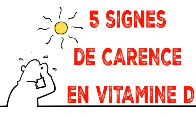 5 signes de carence en vitamine D : un soleil stylisé et une personne se tenant la tête, l'air fatigué.