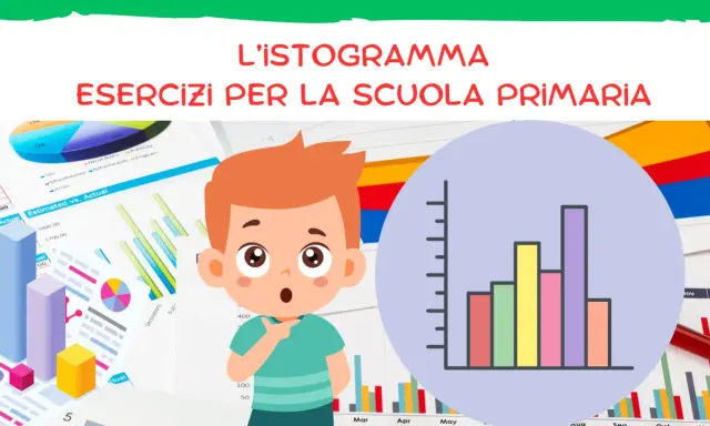 Un bambino sorpreso guarda un istogramma delle vacanze scuola primaria, con grafici e diagrammi sullo sfondo.