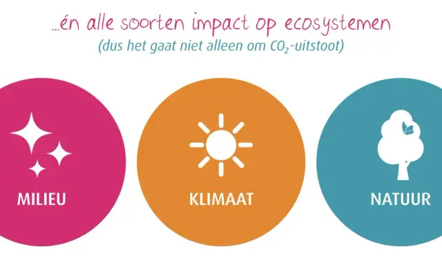 Drie cirkels met iconen: glinsterende sterren (milieu), zon (klimaat) en boom met vlinder (natuur). Ze tonen hoe je impact maakt op ecosystemen.