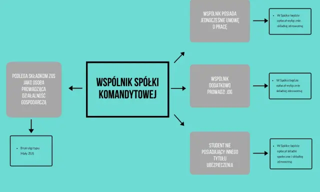 Schemat przedstawia sytuacje wspólnika spółki komandytowej: umowa o pracę, JDG, student.