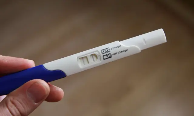Dwa paski na teście ciążowym. Różne rodzaje testów ciążowych dają podobne wyniki.