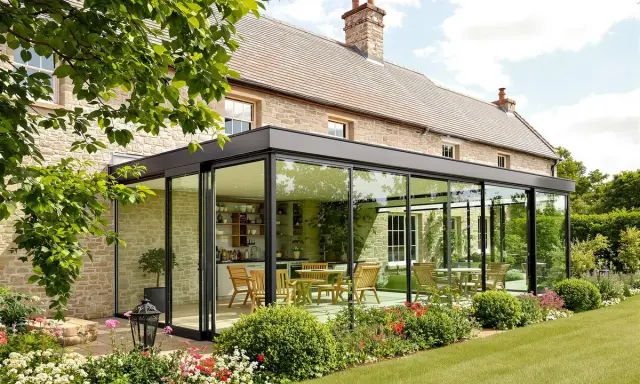 Maison en pierre avec extension moderne, une véranda lumineuse avec cuisine et salle à manger, entourée d'un jardin fleuri.