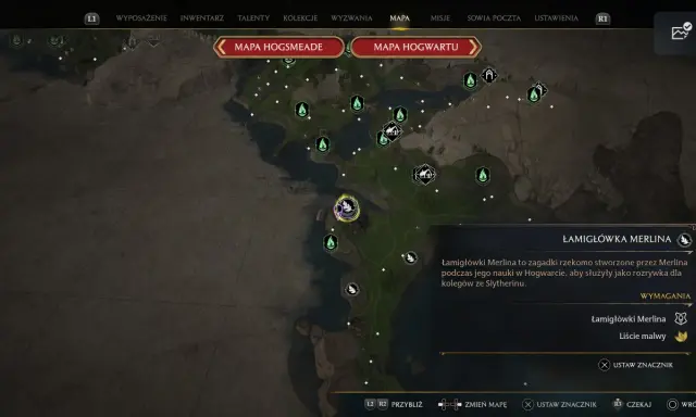 Mapa Hogwartu z zaznaczonymi zagadkami Merlina. Opis wyjaśnia, że to zadania stworzone przez Merlina.