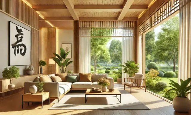 Soggiorno luminoso con divano angolare, tavolino e vista su un giardino rigoglioso, in perfetto stile feng shui.
