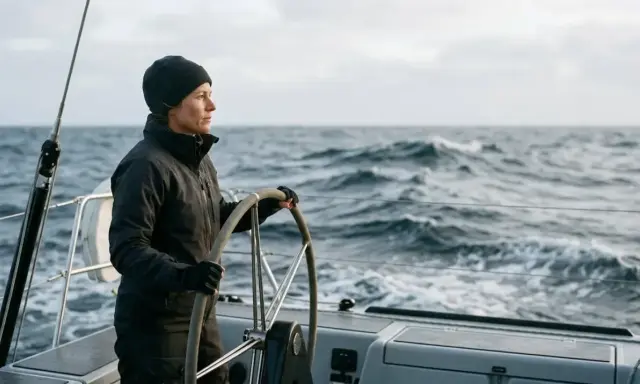 Une femme au gouvernail d'un bateau ardent, naviguant sur une mer agitée sous un ciel couvert.