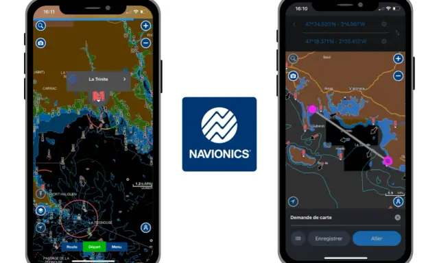 Application de navigation marine Navionics sur deux iPhones affichant des cartes nautiques détaillées.