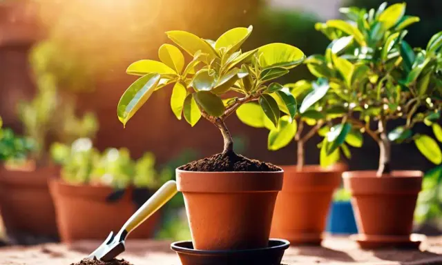 Un petit citronnier prêt à être rempoté dans son nouveau pot en terre cuite, sous un soleil radieux.