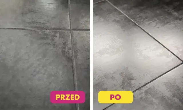 Porównanie podłogi: po lewej brudna, po prawej lśniąca po umyciu.