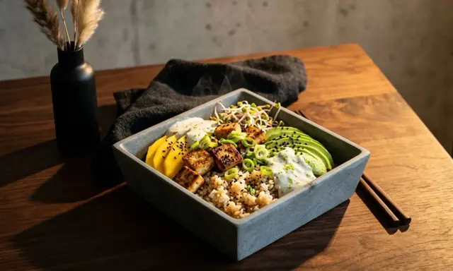 Eine köstliche vegane Sushi Bowl mit Reis, Avocado, Mango, Tofu und Sprossen.
